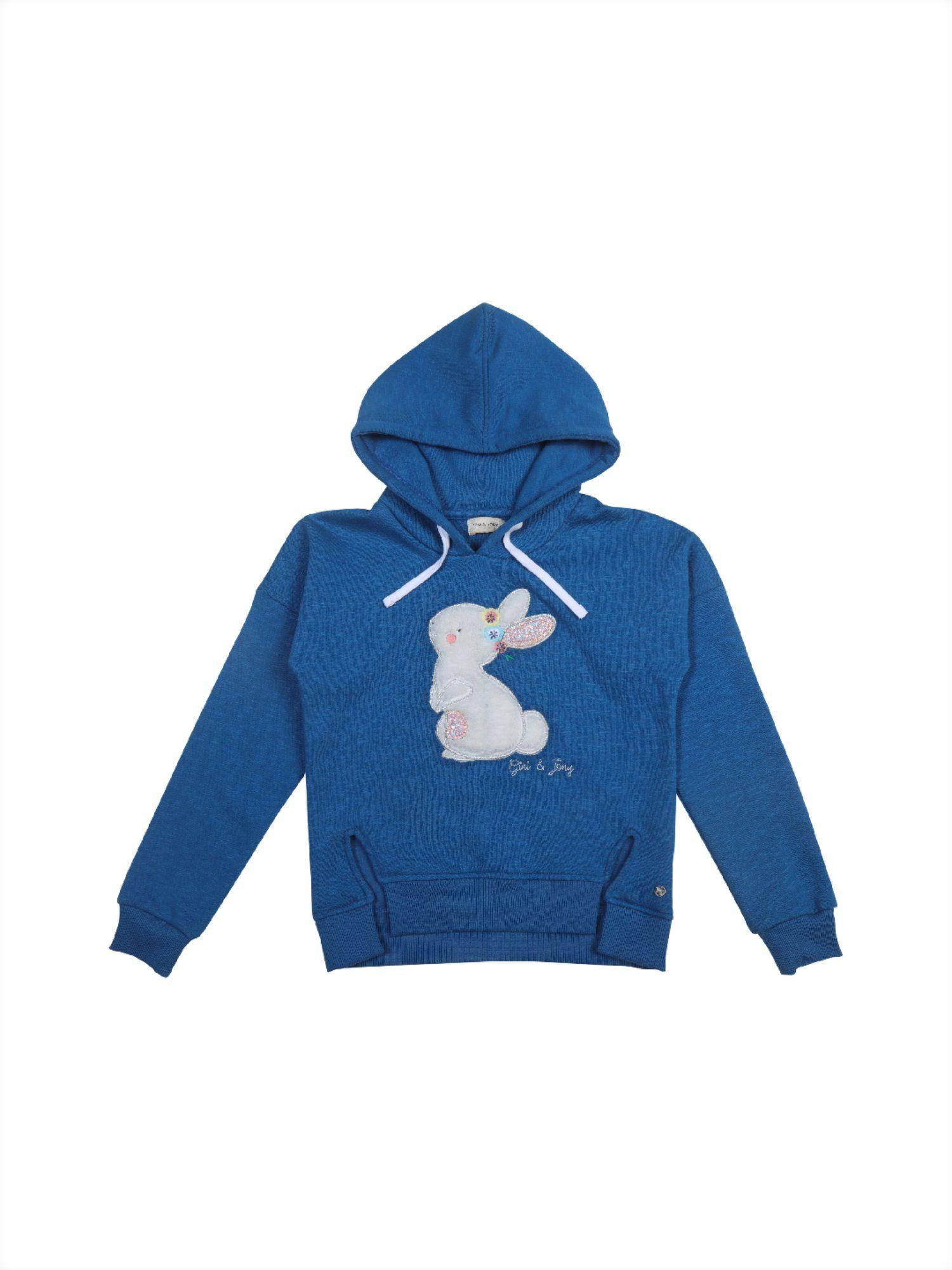 girls blue embroidery cotton full sleeves hoodie
