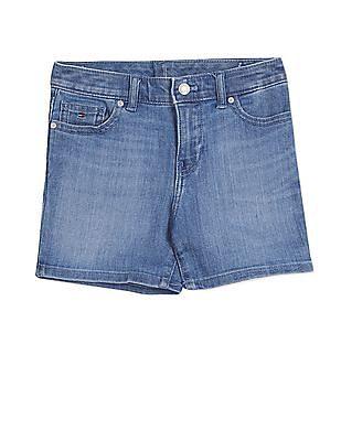 girls blue mid rise washed denim shorts
