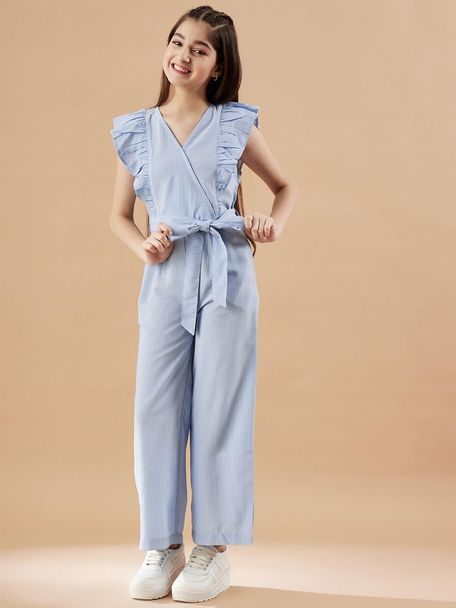 girls blue self design full length jumpsuit with belt (set of 2)