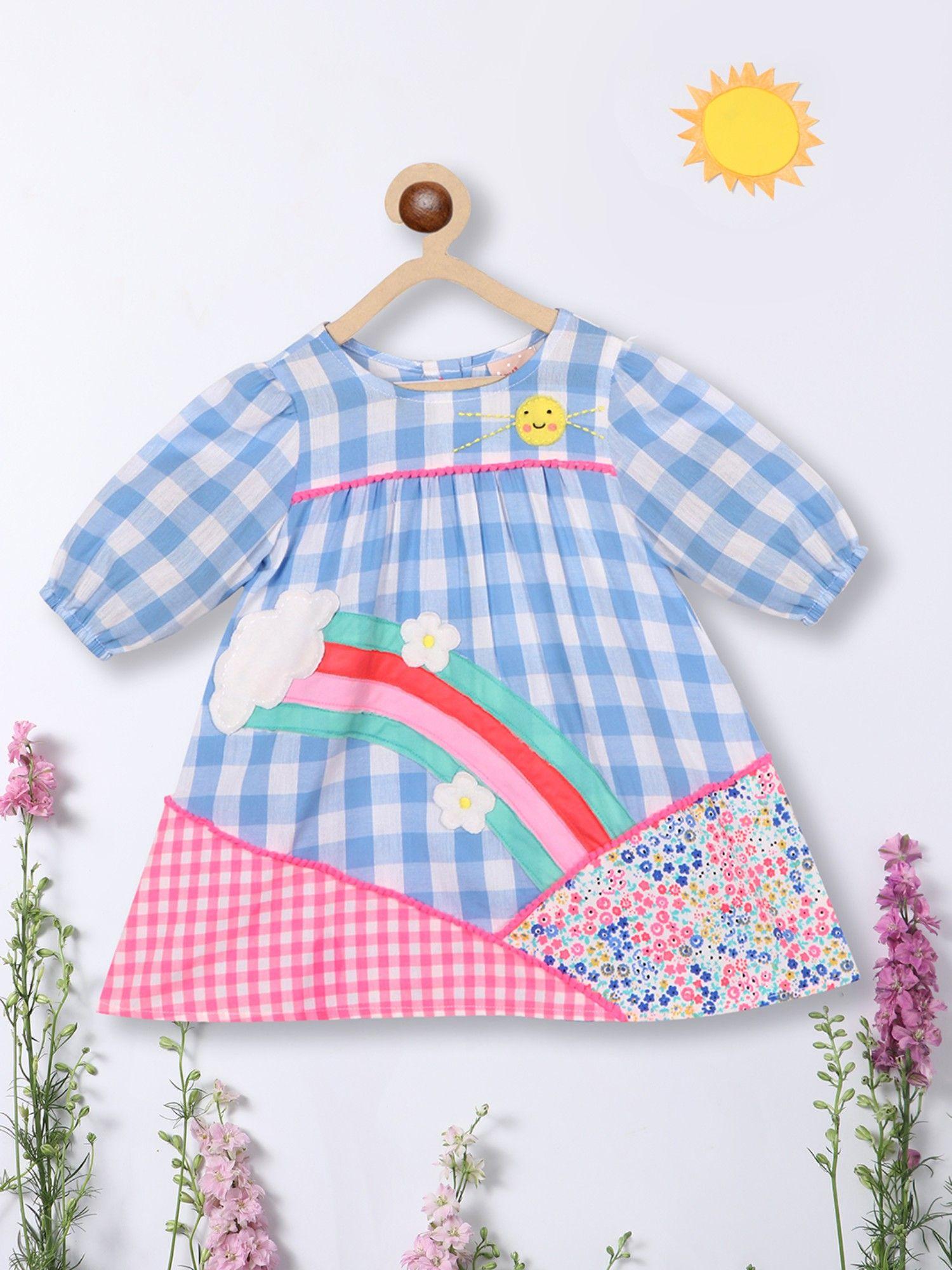 girls blue-white checkered gathered a-line dress with applique detailing