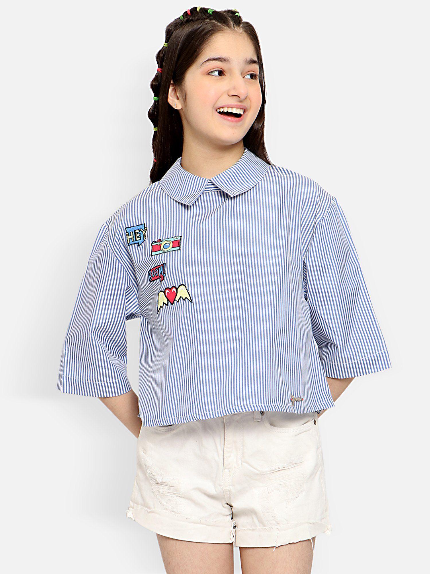 girls blue-white striped cropped patch work top