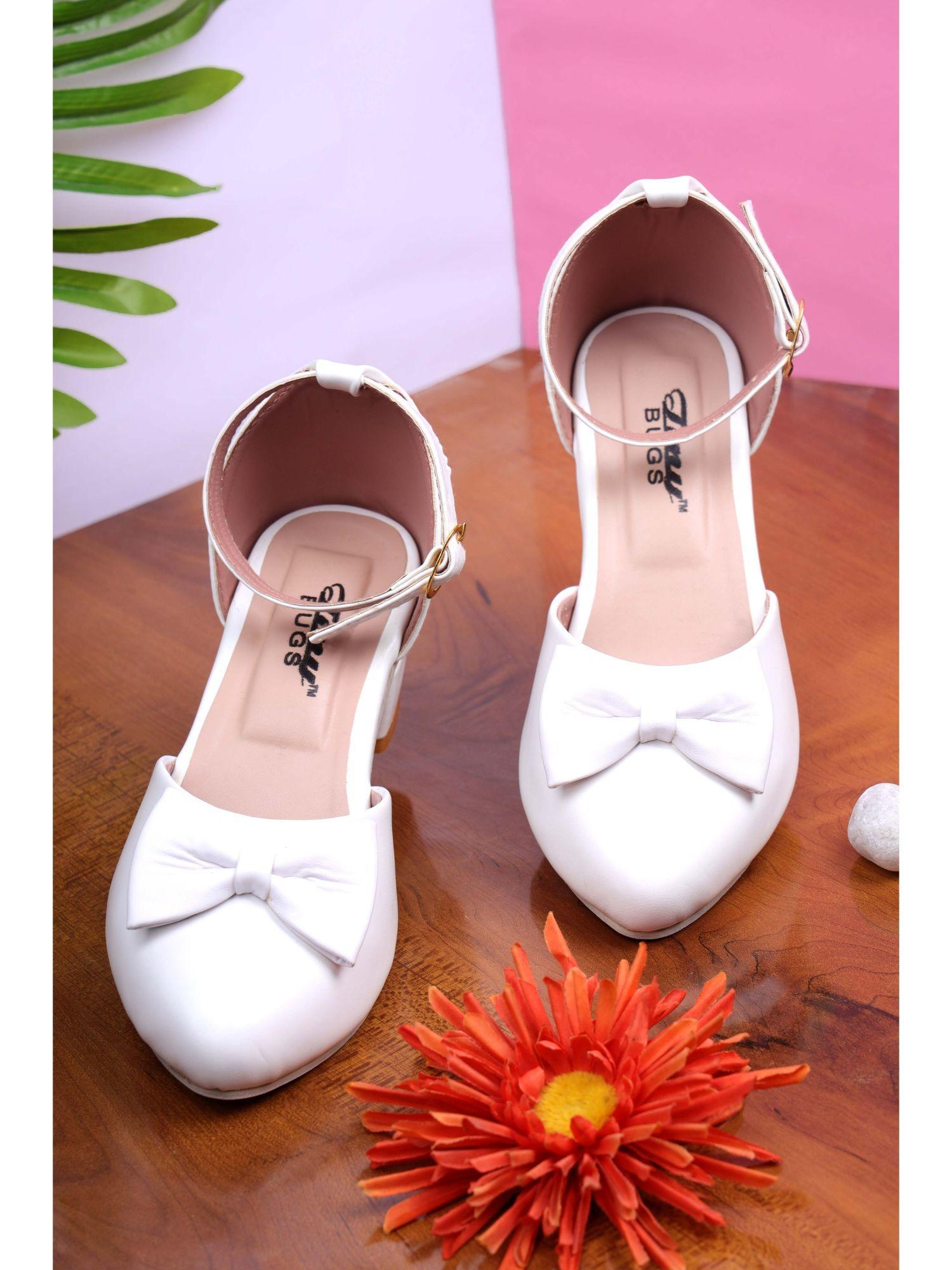 girls bow solid heel sandal - white