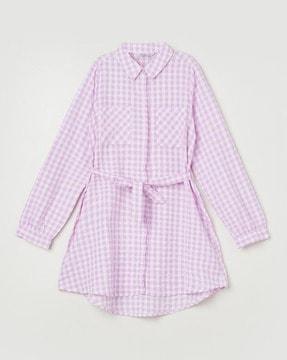 girls checked a-line dress with waist tie-up