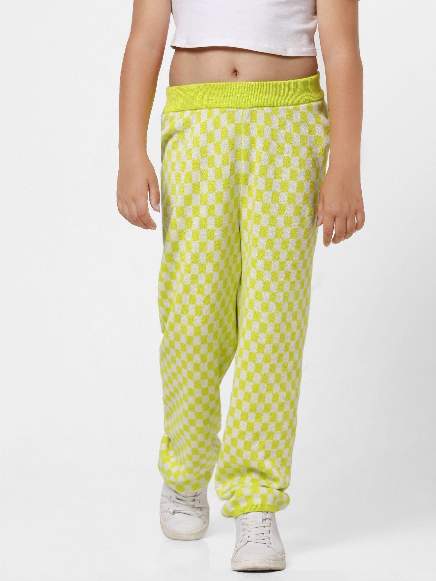 girls checked casual green trackpant