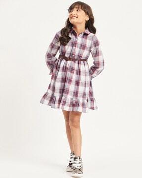 girls checked fit & flare dress with belt