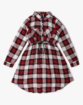 girls checked shirt dress with patch pocket