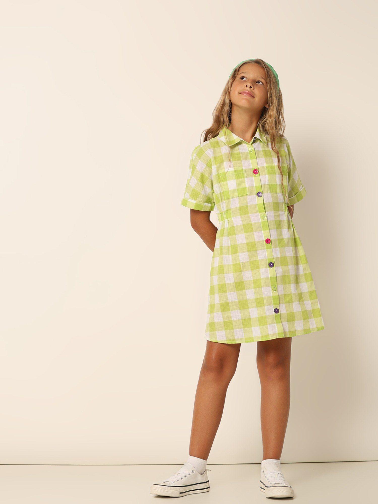 girls checks above knee length green shirt dress