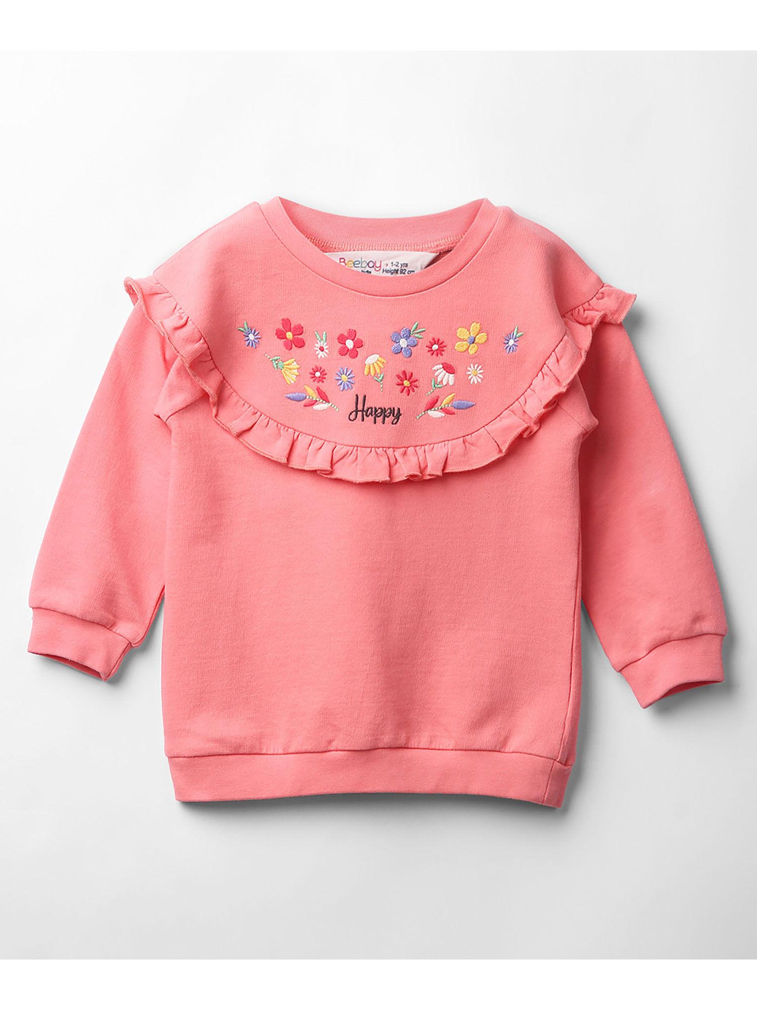 girls coral floral embroidery hip length sweatshirt