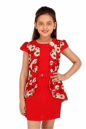 girls cotton & georgette floral printed red dress - red