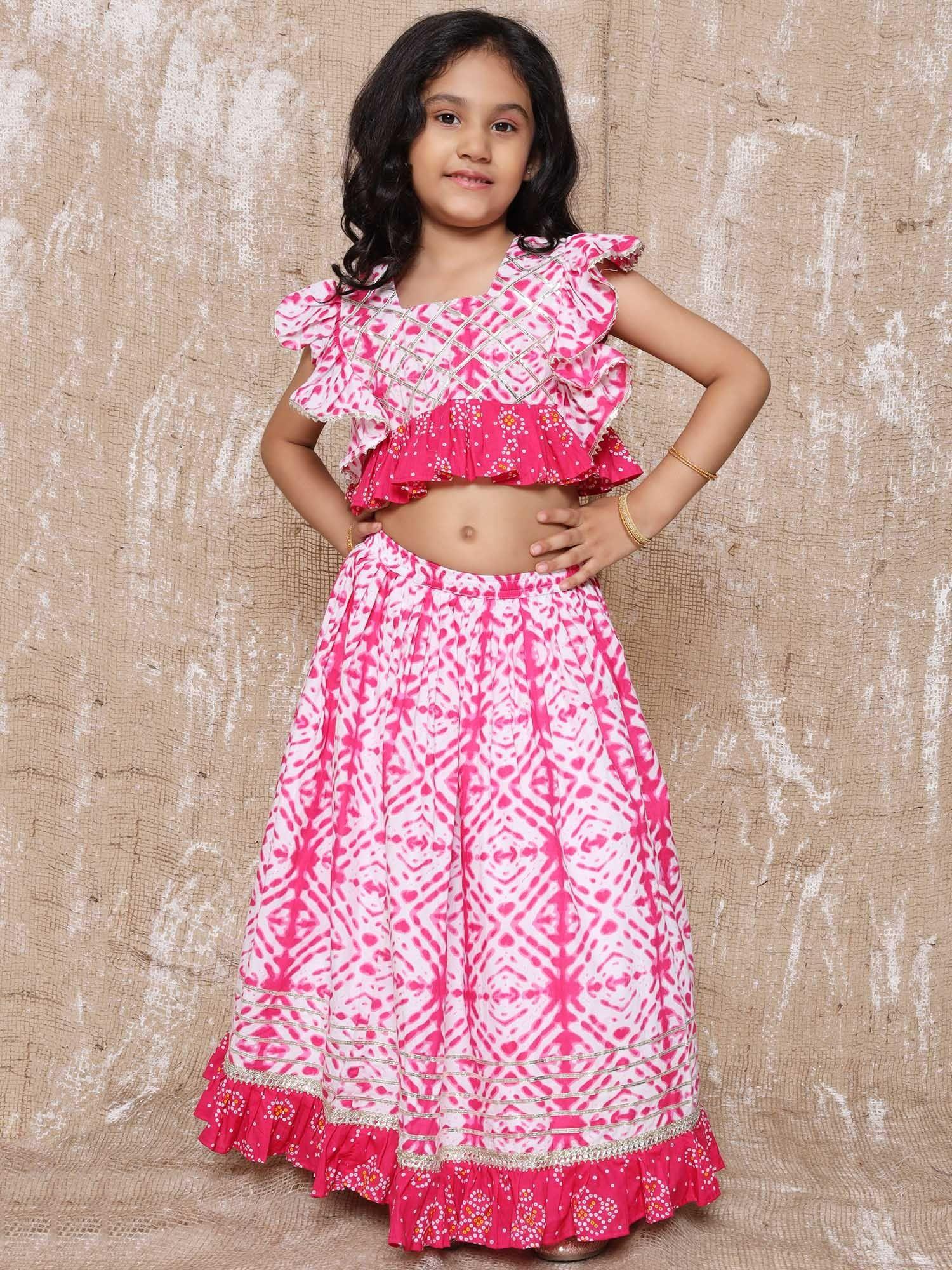 girls cotton bandhani print lehenga choli pink (set of 2)