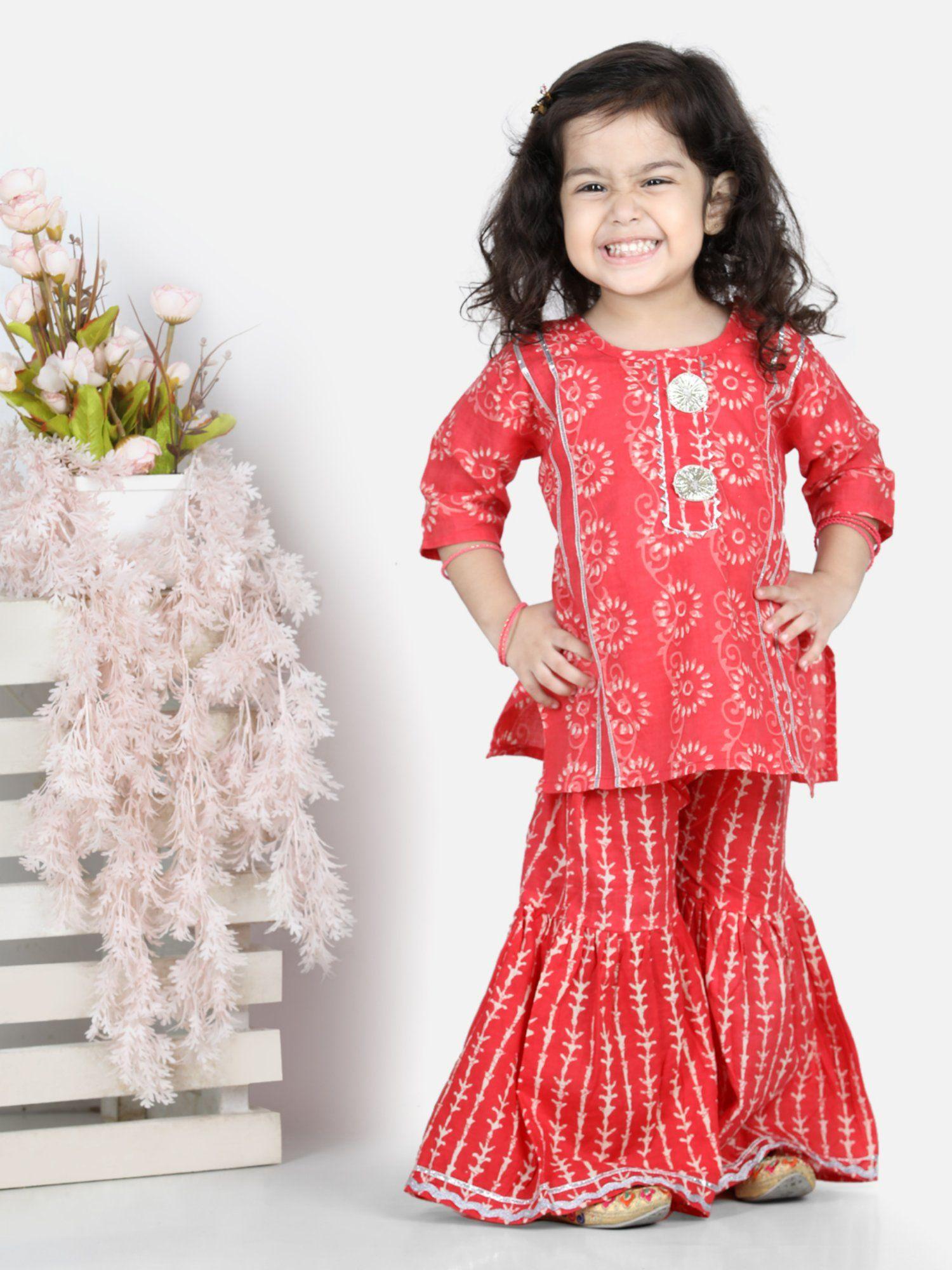 girls cotton kurti with sharara red (set of 2)