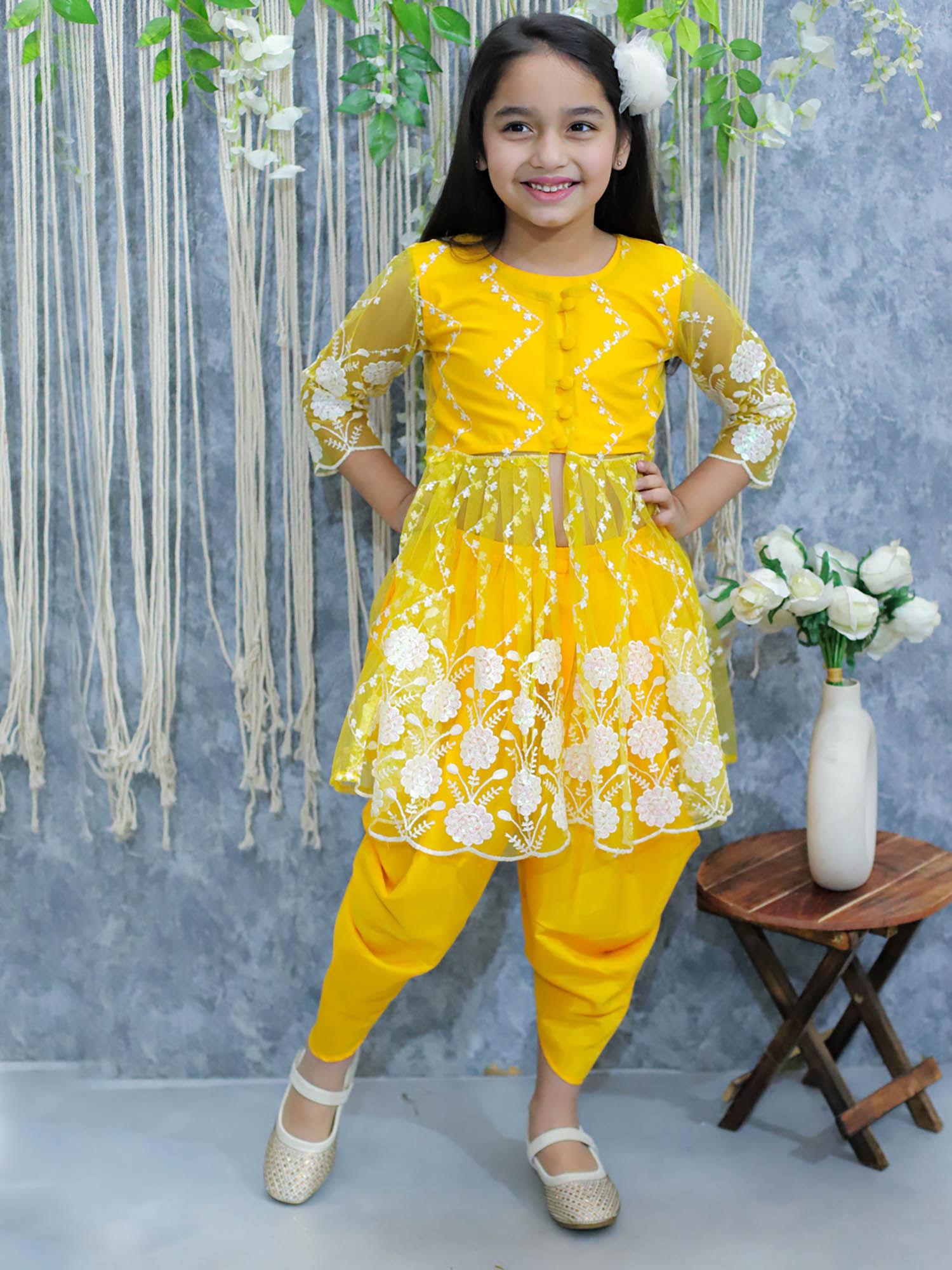 girls embroidered jacket with top and dhoti -yellow (set of 3)