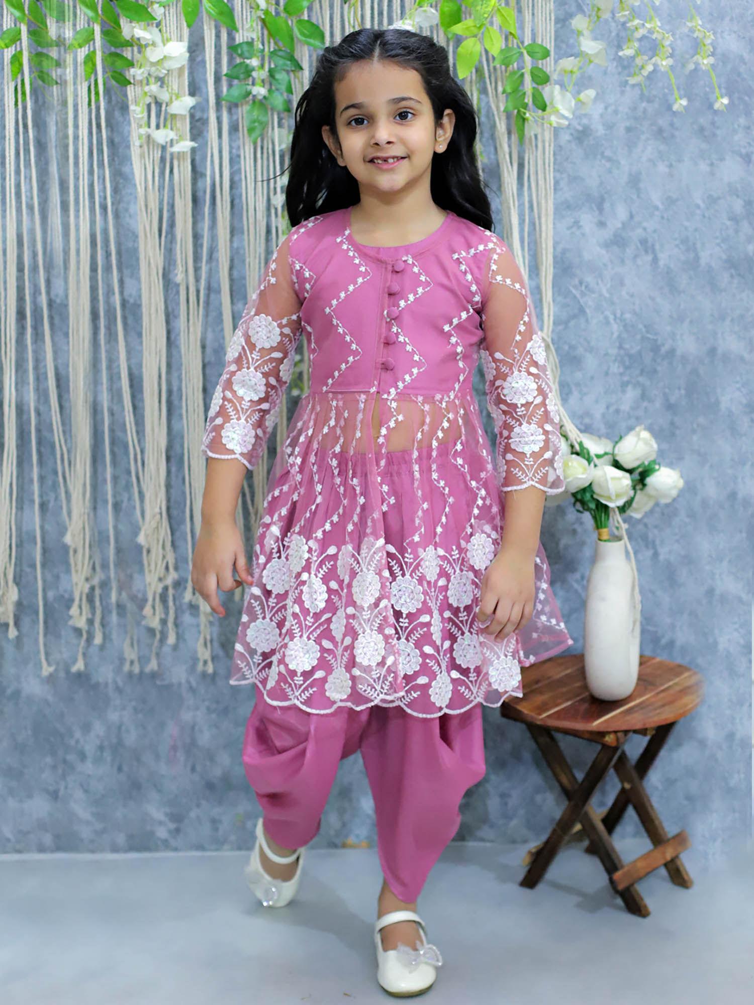girls embroidered jacket with top and dhoti- mauve (set of 3)
