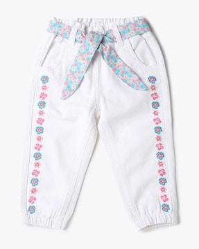 girls embroidered joggers with tie-up