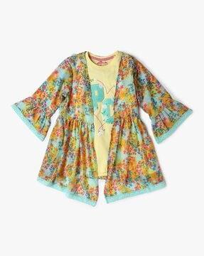 girls embroidered loose fit top with shrug