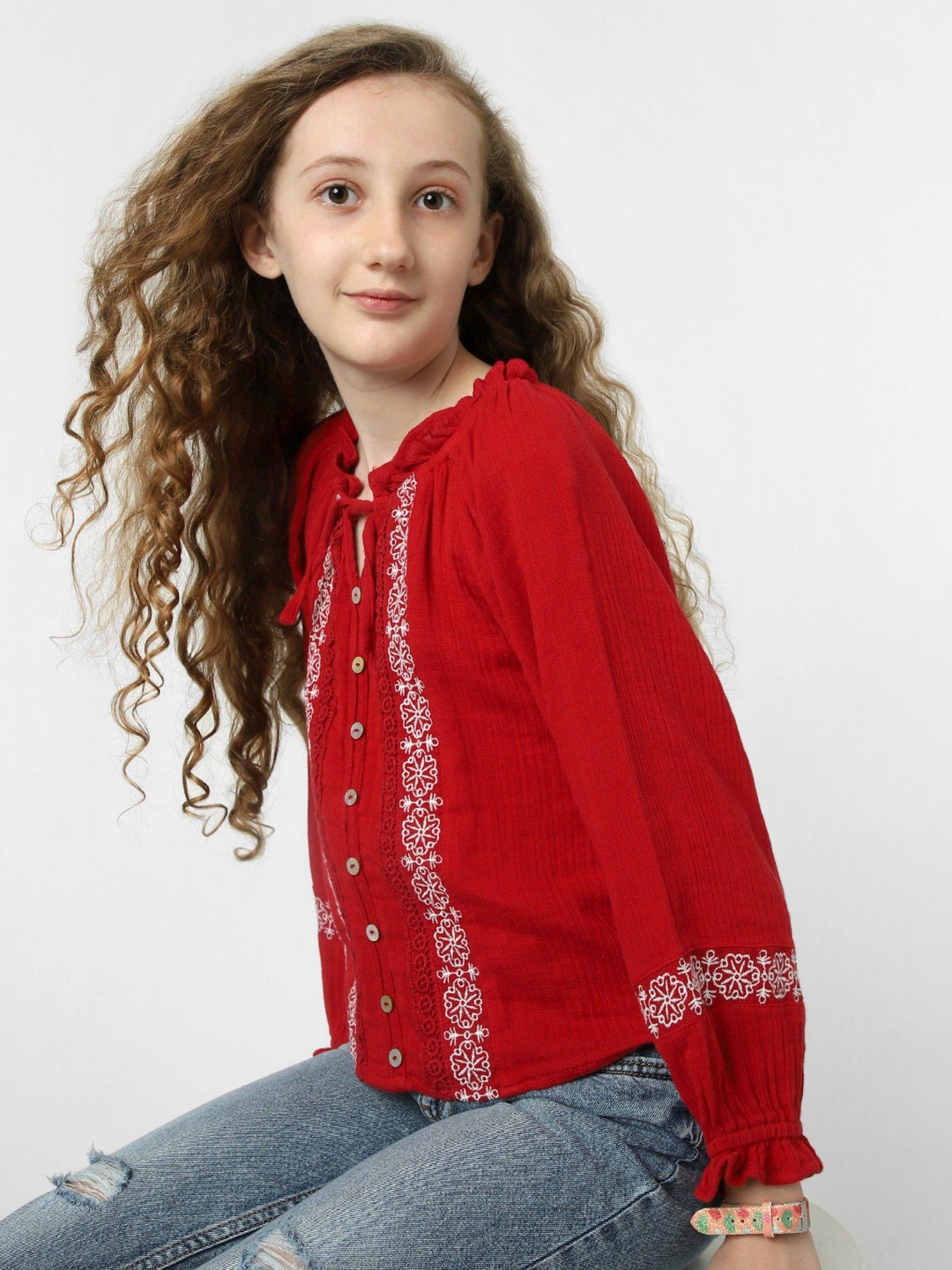 girls embroidered red top