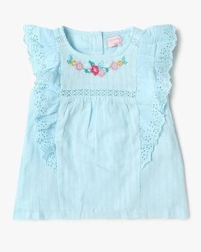 girls embroidered regular fit ruffled top