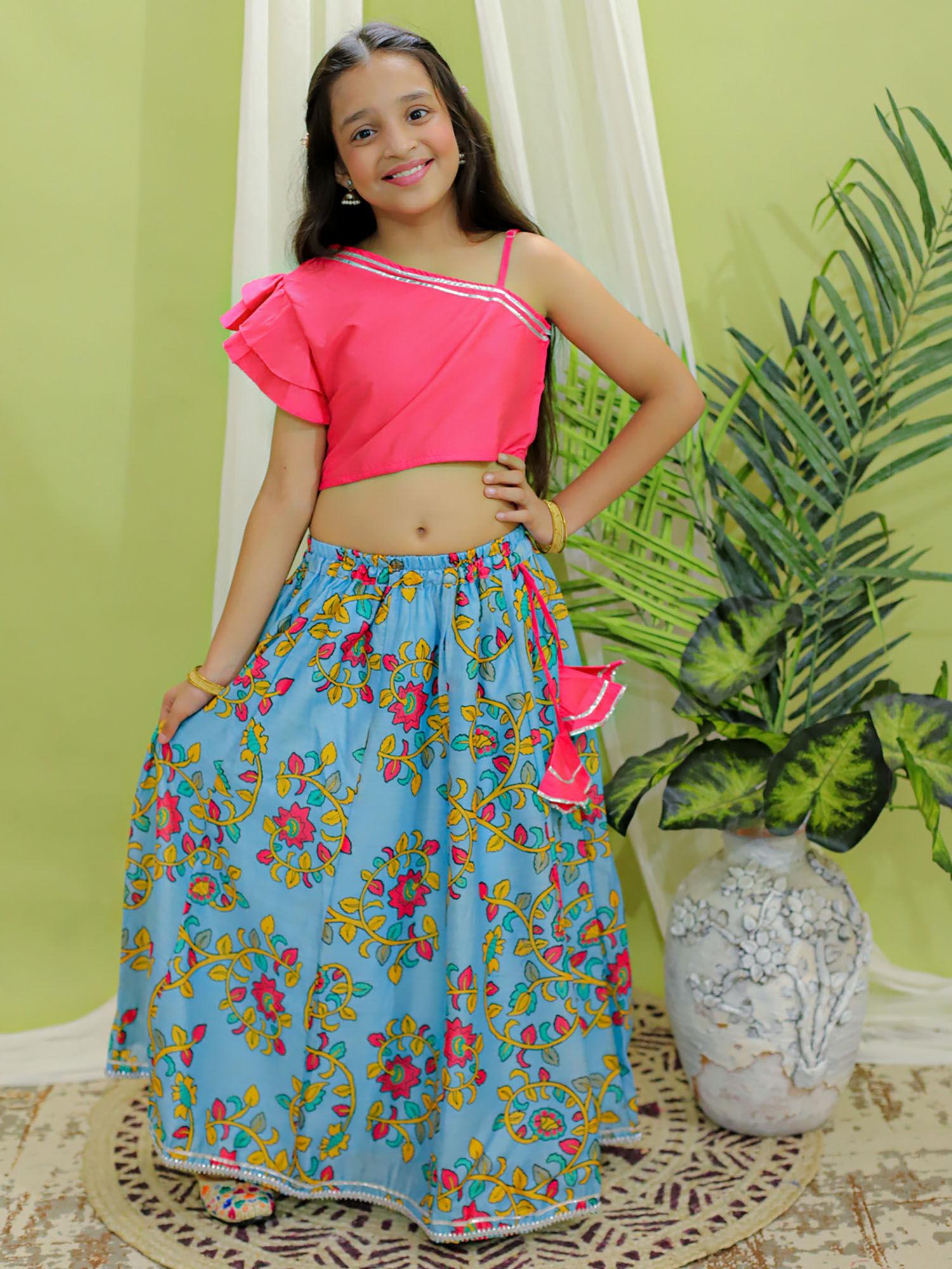 girls ethnic wear chanderi floral print choli with lehenga pink (set of 2)