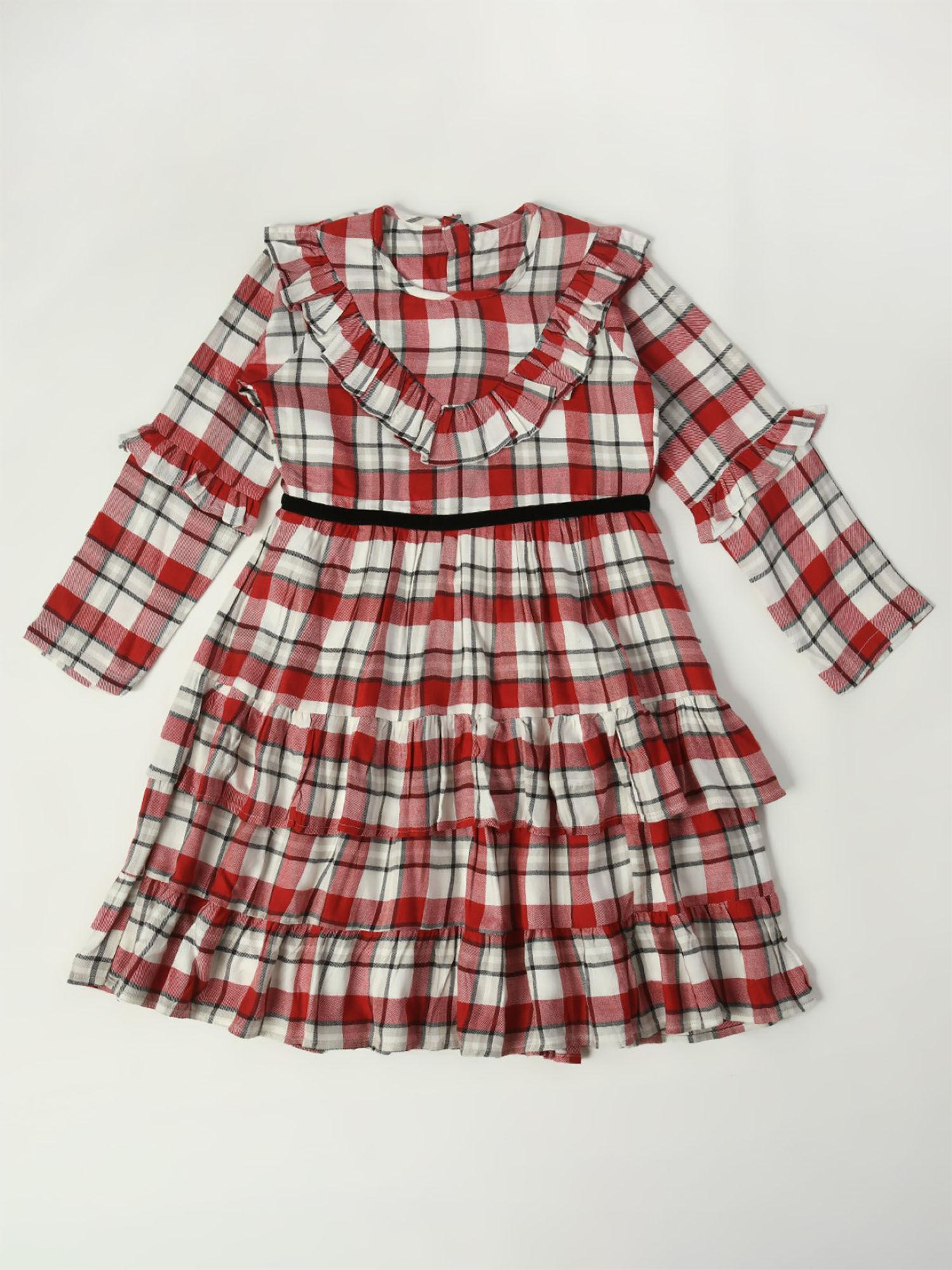 girls fit and flair checked full sleeve casual wear dress