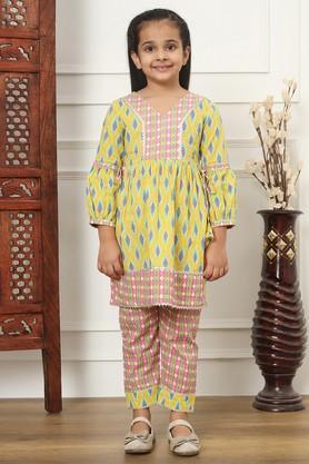 girls fla style cotton fabric kurti and pyjama - yellow