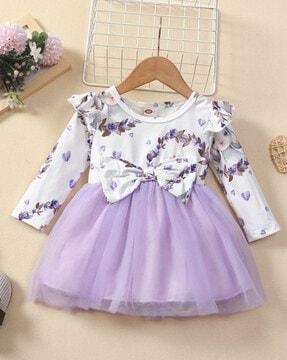 girls floral print fit & flare dress with bow accent
