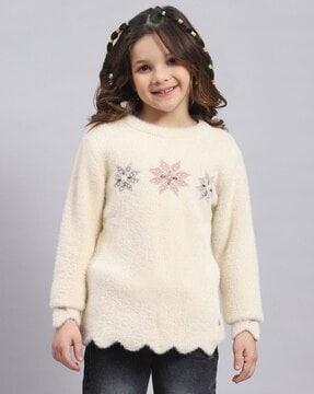 girls floral-knit round-neck pullover