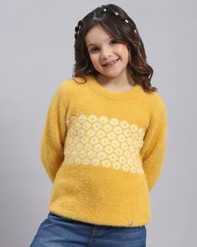 girls floral-knit round-neck pullover