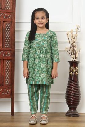 girls frock style cotton fabric kurti and palazzo - green