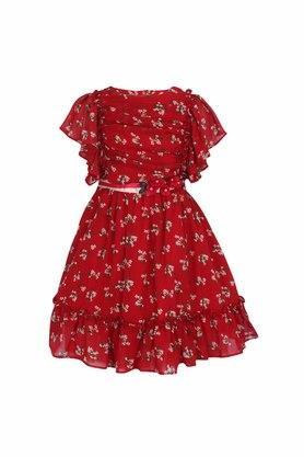 girls georgette floral printed red dress - red