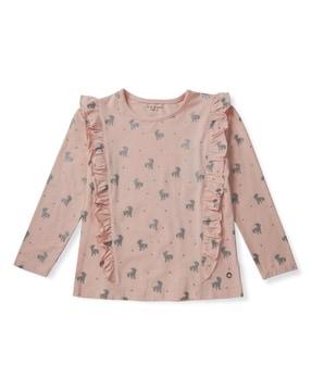 girls graphic print regular fit top with ruffled detail