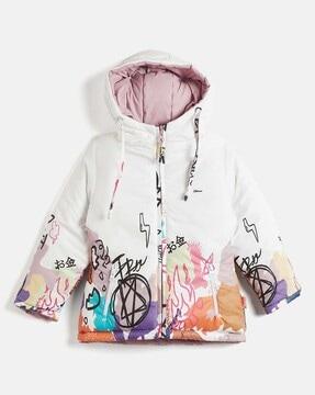 girls graphic print zip-front reversible hoodie with zipper pockets