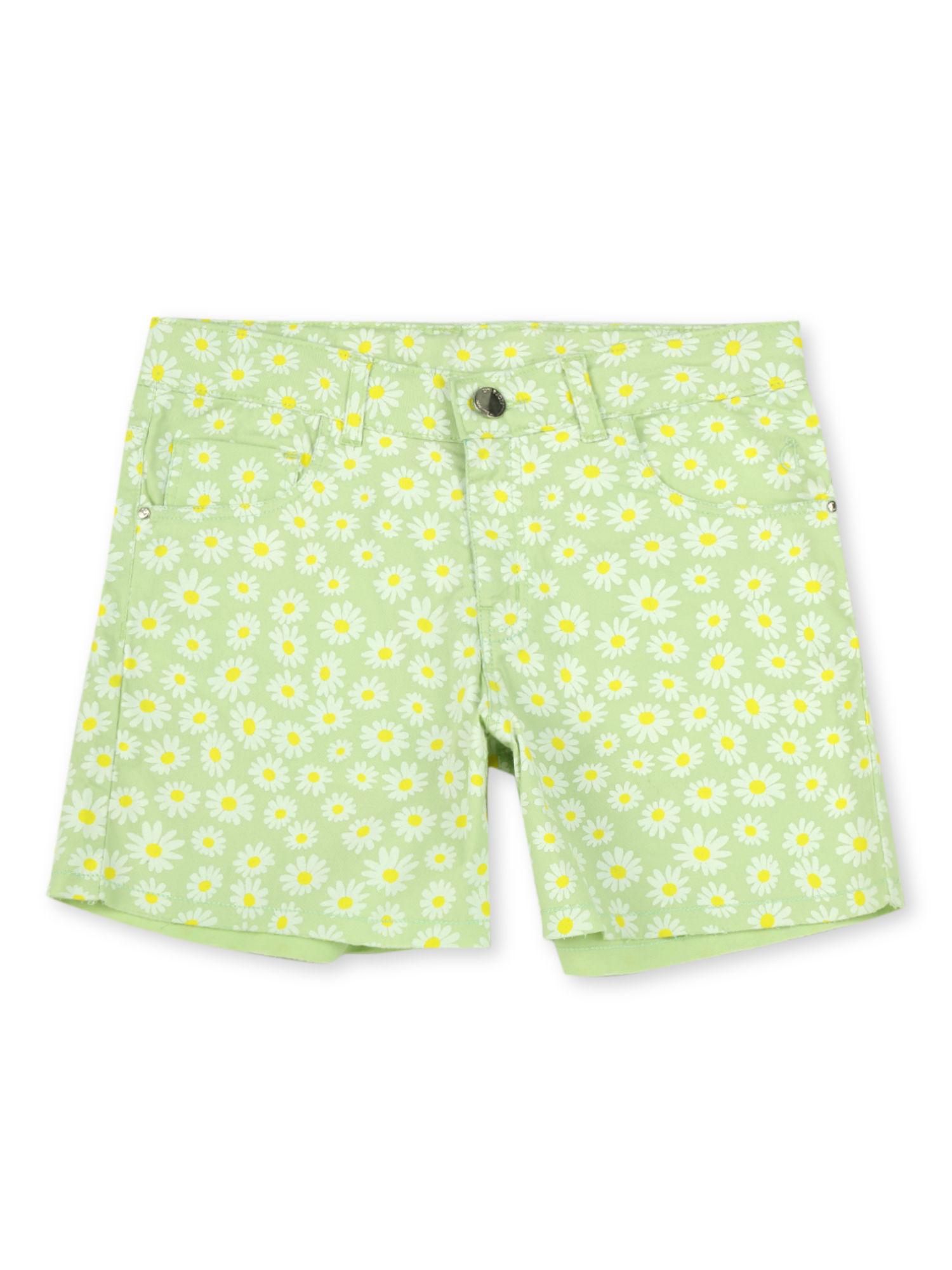girls green denim floral print fixed waist shorts
