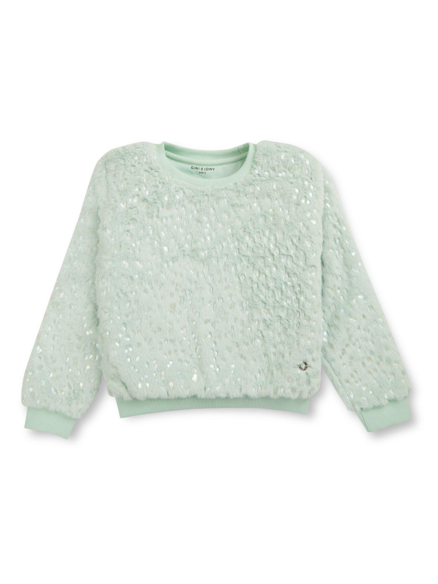 girls green fleece full sleeves embellished sweatshirt