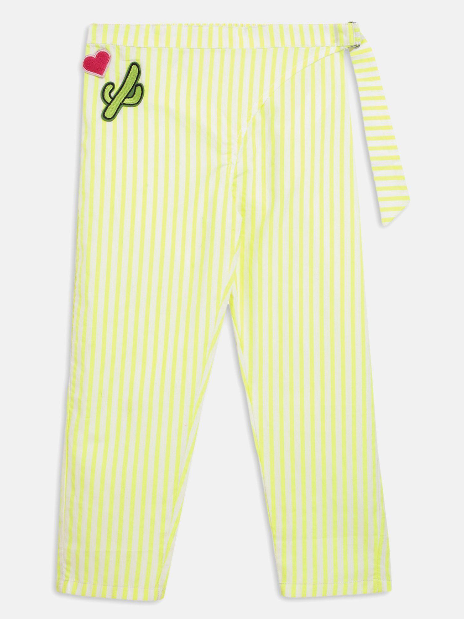 girls green neon cotton regular fit striped trousers