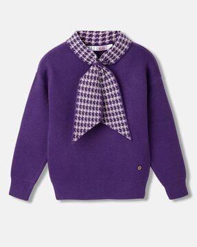 girls houndstooth print sweater with tie-up