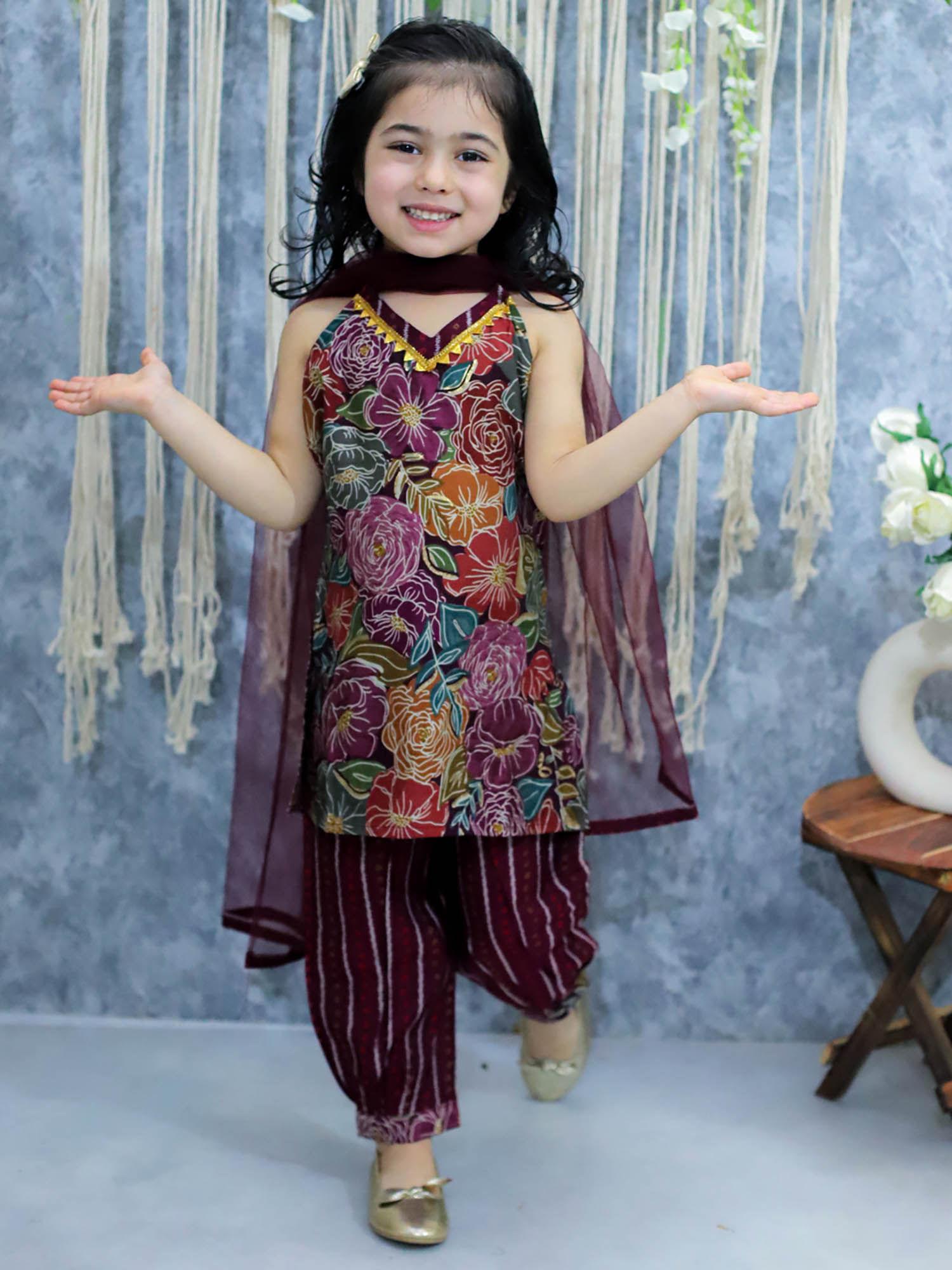 girls kids wear printed kurta with harem pants & dupatta- purple (set of 3)