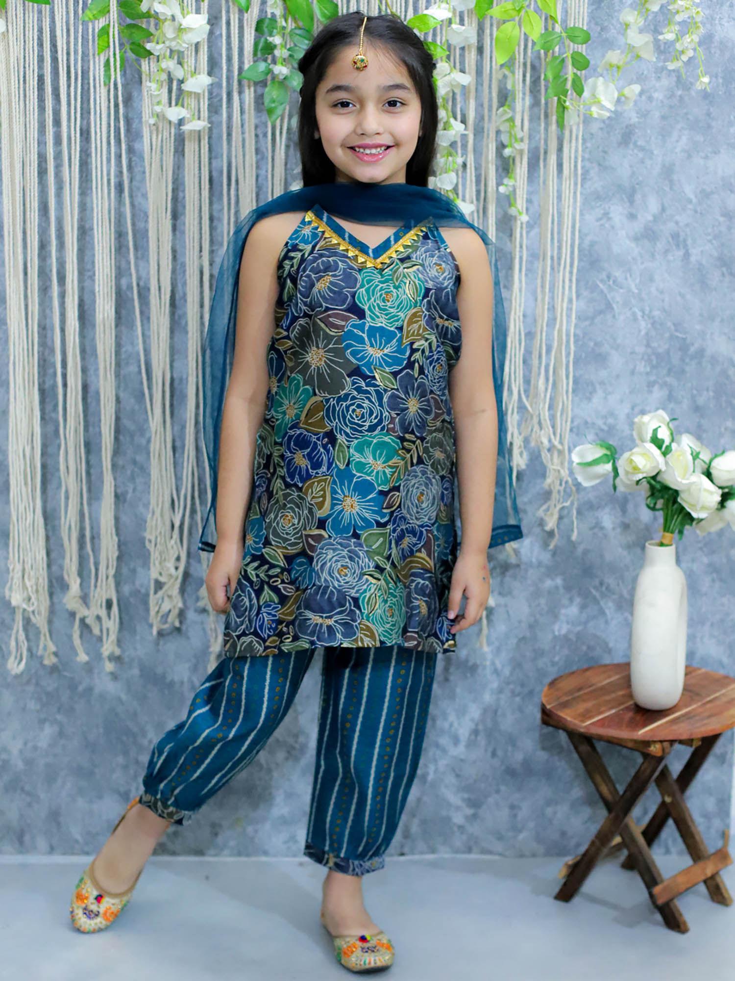 girls kids wear printed kurta with harem pants & dupatta-blue (set of 3)