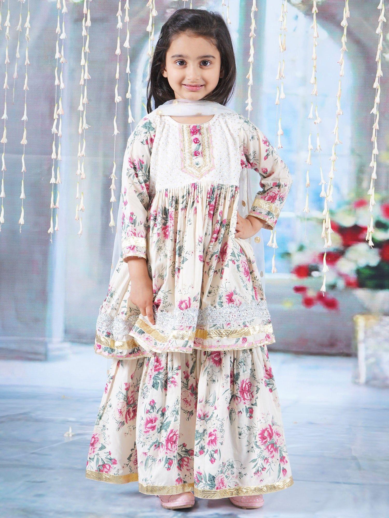 girls kurta sharara and dupatta with floral lace buttons (set of 3)