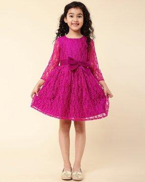 girls lace fit & flare dress with waist tie-up