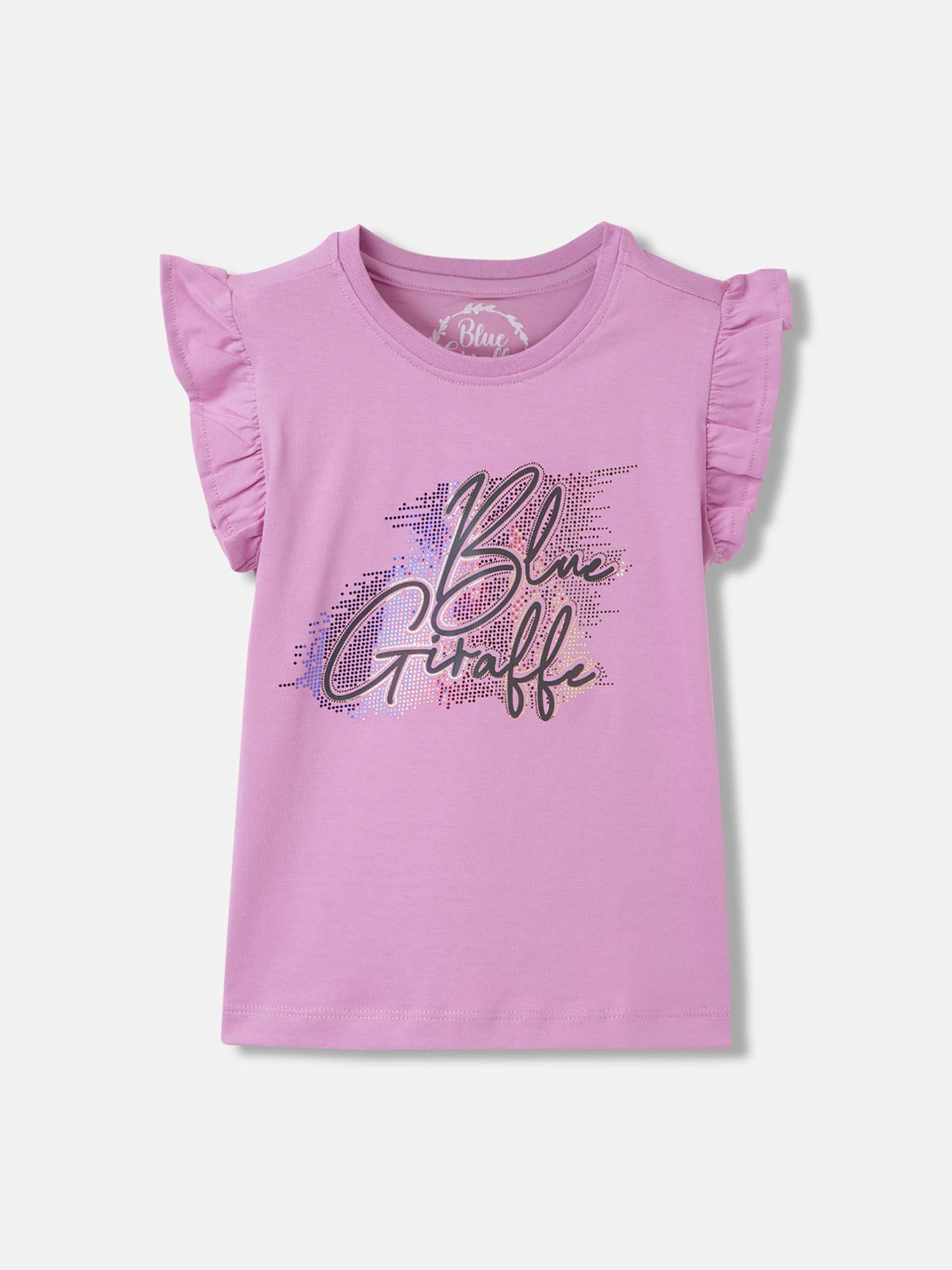 girls lavender graphic regular fit ruffled sleeves t-shirt
