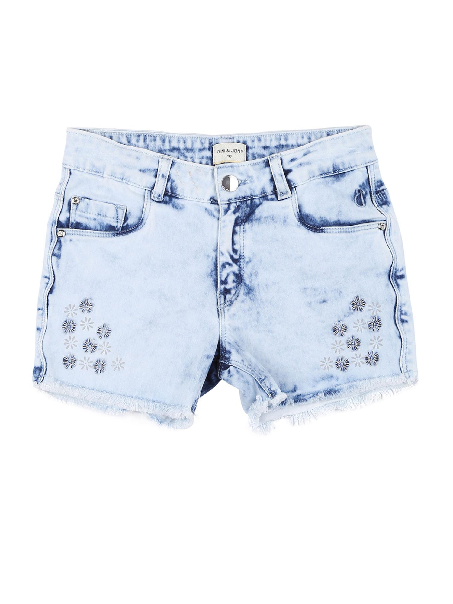 girls light blue denim floral print fixed waist shorts