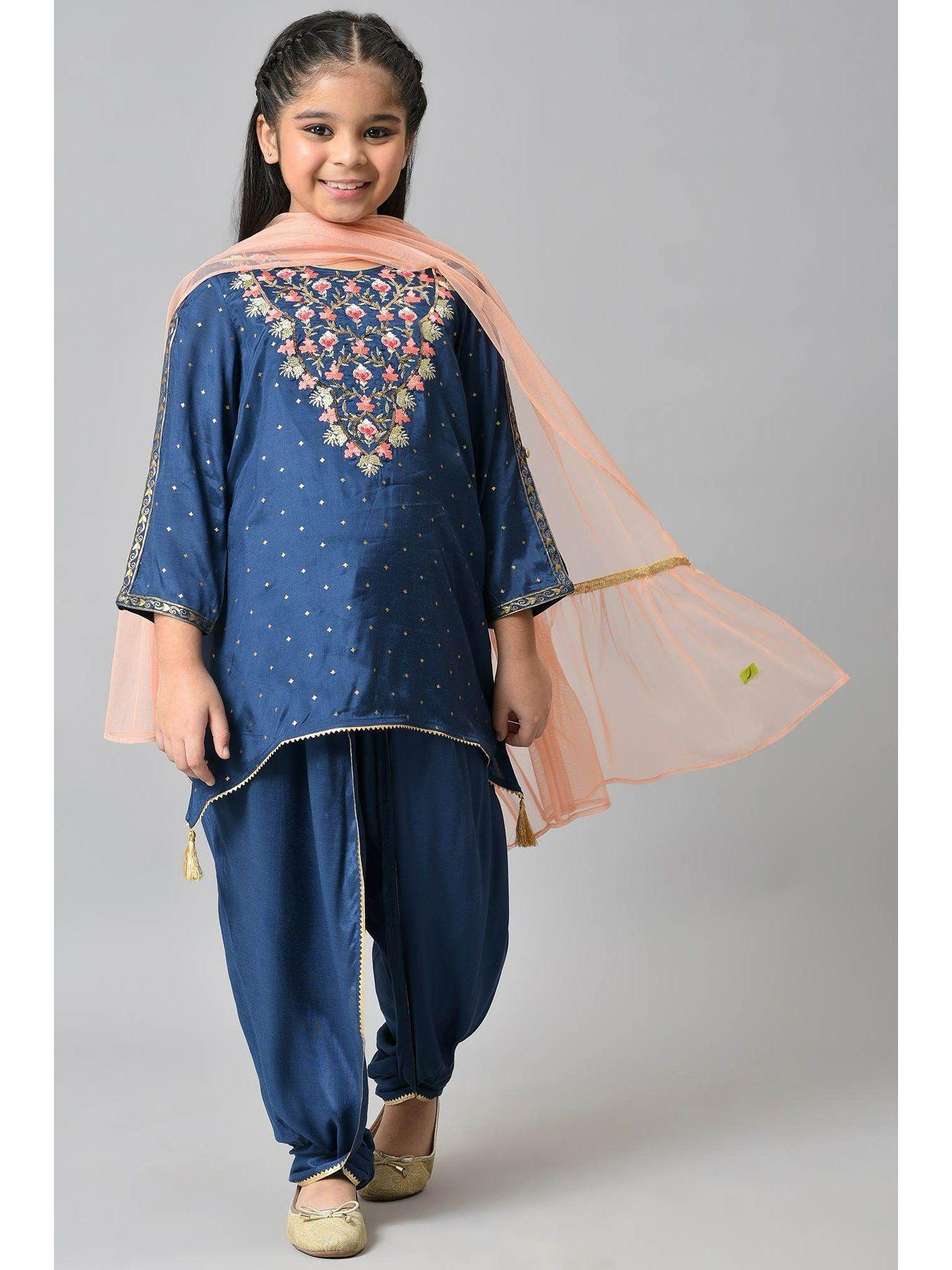 girls liva blue kurta with dhoti pants and peach dupatta (set of 3)