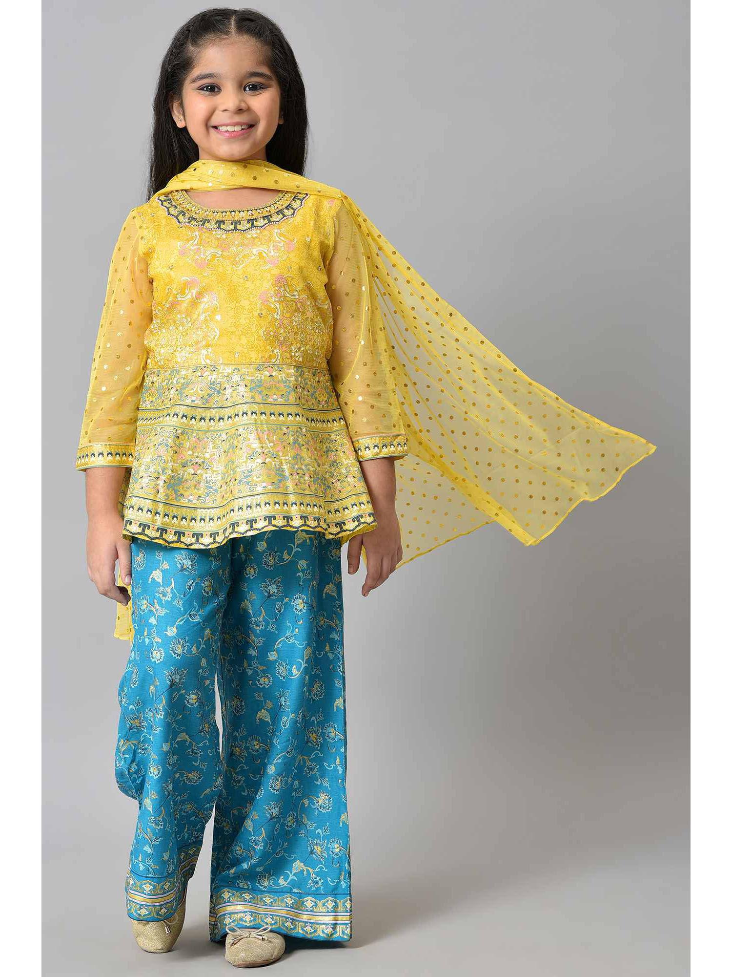 girls liva floral flared top with blue palazzo & yellow dupatta (set of 3)