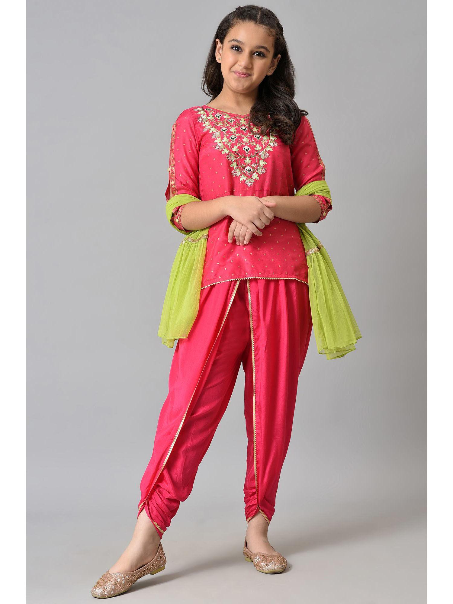 girls liva pink embroidered kurta with dhoti pants & green dupatta (set of 3)