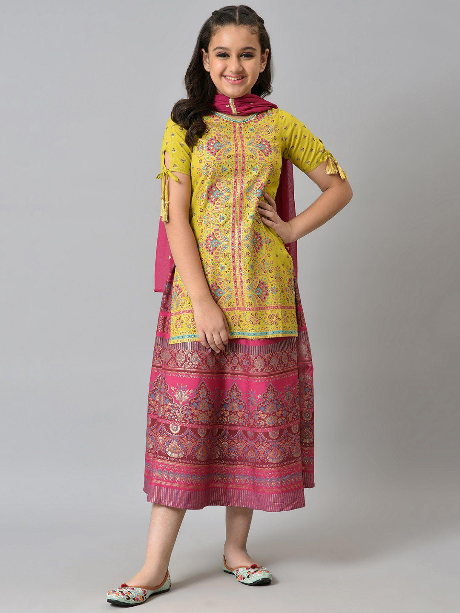 girls liva yellow printed kurta with pink skirt and dupatta (set of 3)