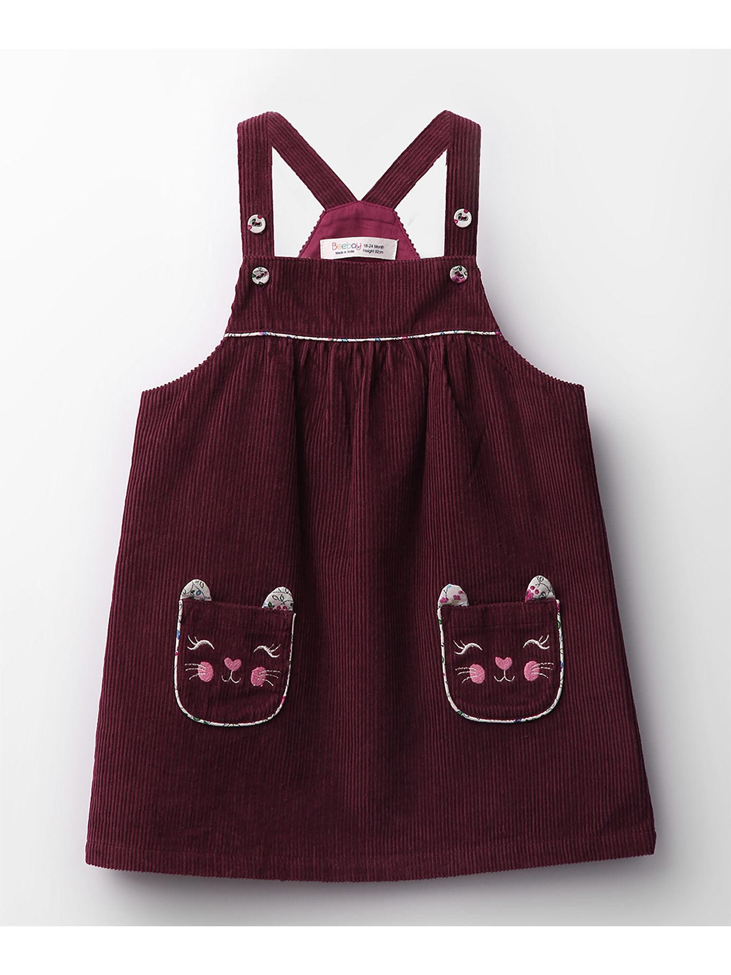 girls maroon cat pocket embroidery corduroy above knee pinafore