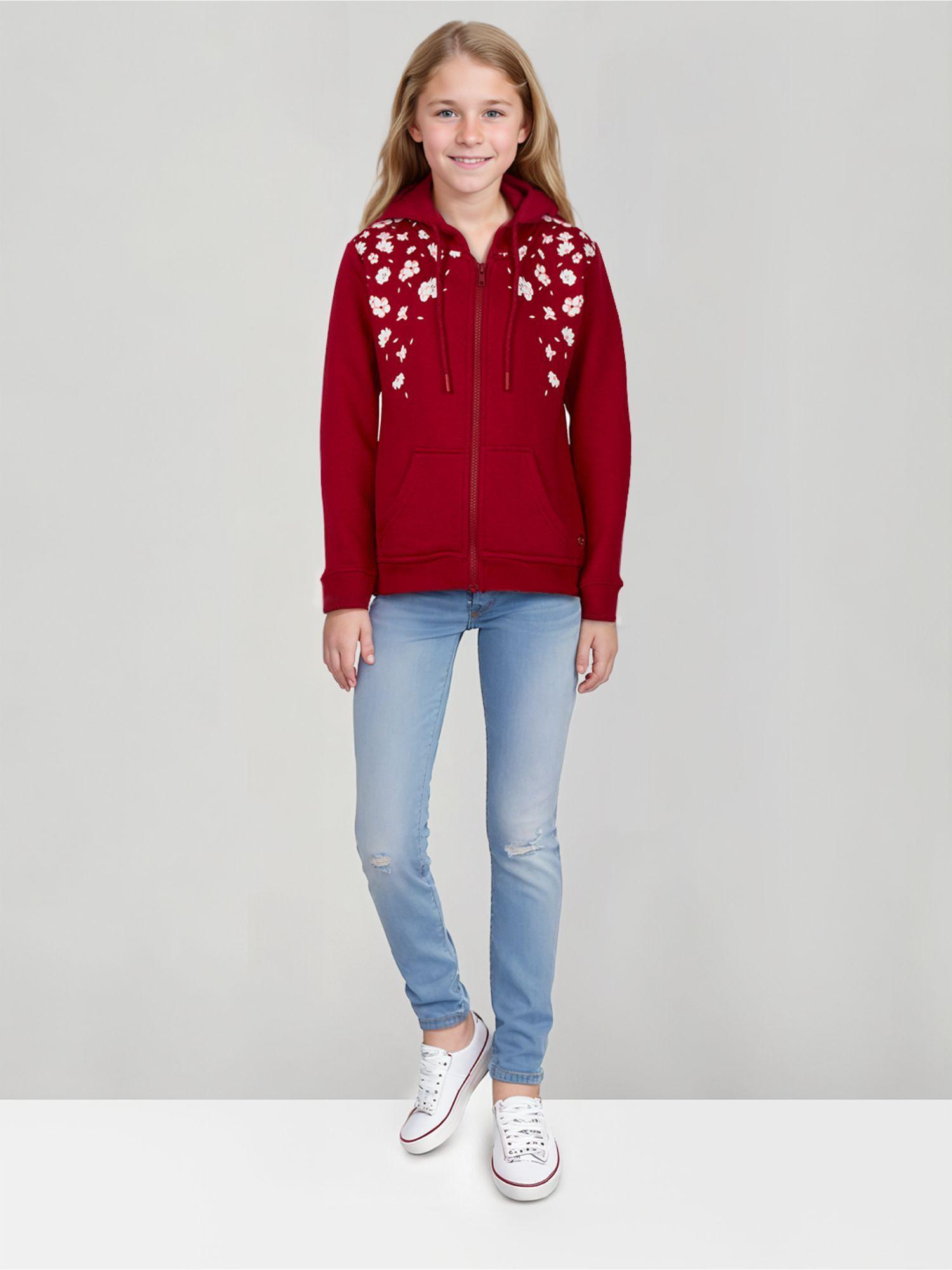 girls maroon cotton full sleeves floral hoodie