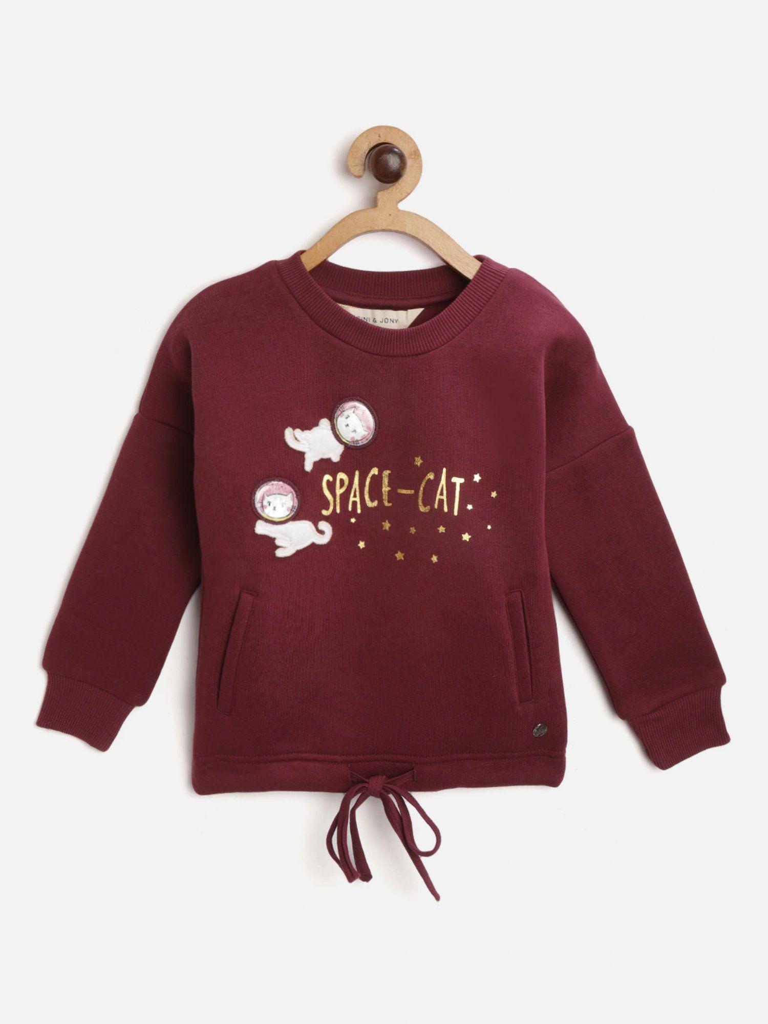 girls maroon graphic print cotton sweatshirt