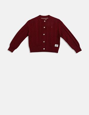 girls maroon round neck cable knit cardigan