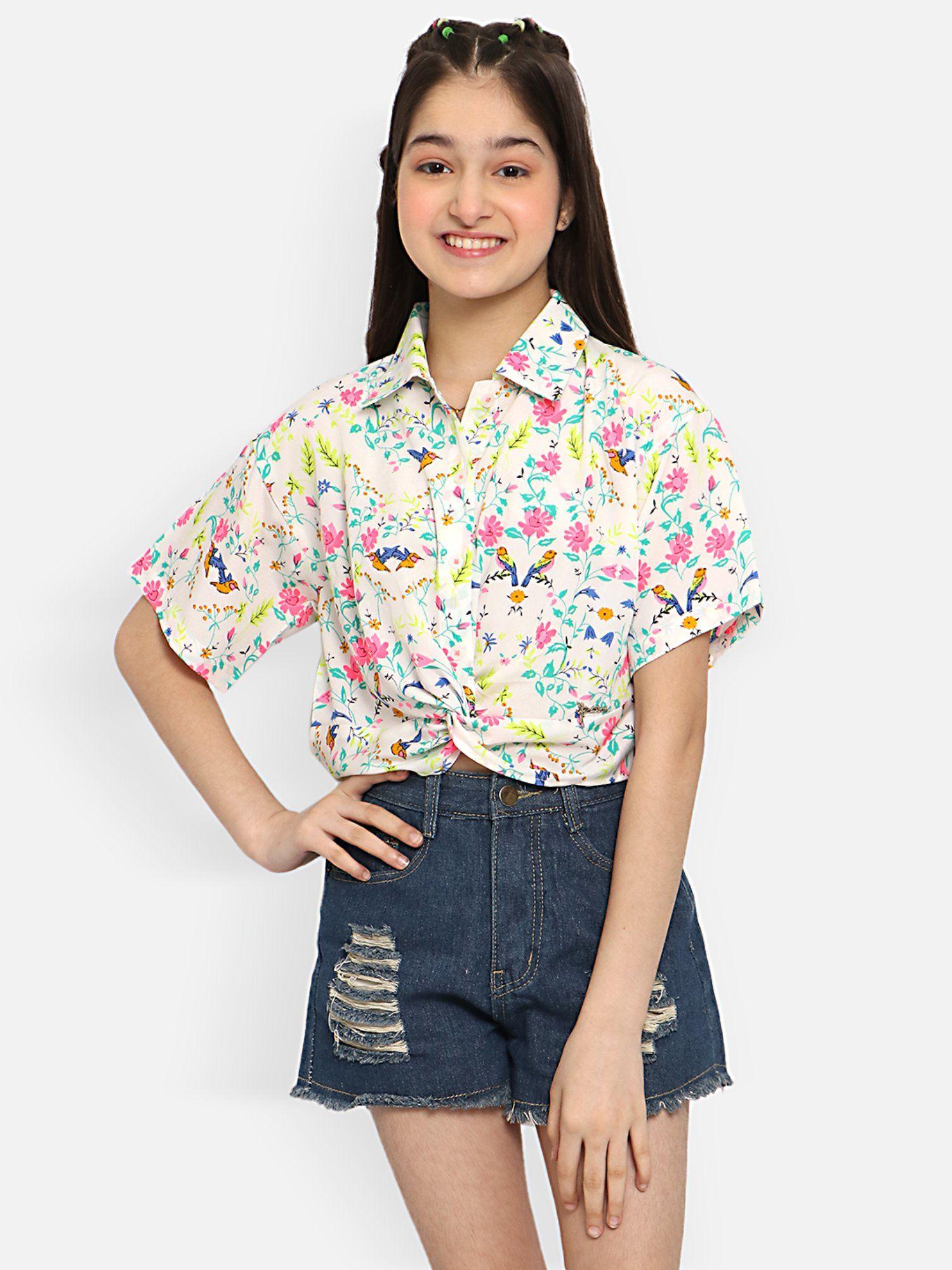 girls multicolor floral printed casual cropped top